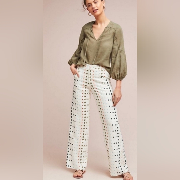 Anthropologie Pants - Anthropologie X Ett:twa Linen Eyelet Wide Leg Cream Trousers Slacks Size 6